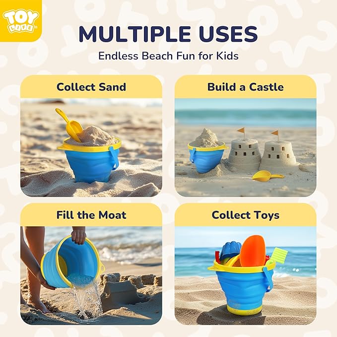 TOY Life Collapsible Beach Bucket Toys for Kids Beach Essentials with Portable 3 Seashell Bags & 3 Silicone Collapsible Sand Bucket & Shovels Travel Sand Toys Sandbox Toy for Fishing, Beach Party