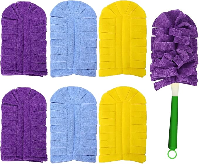 360° Fleece Duster Refills for Swiffer-Washable Refills Reusable Pads|Wet and Dry Dual Use Reusable Duster Heads +1 Handle (6-PCS)