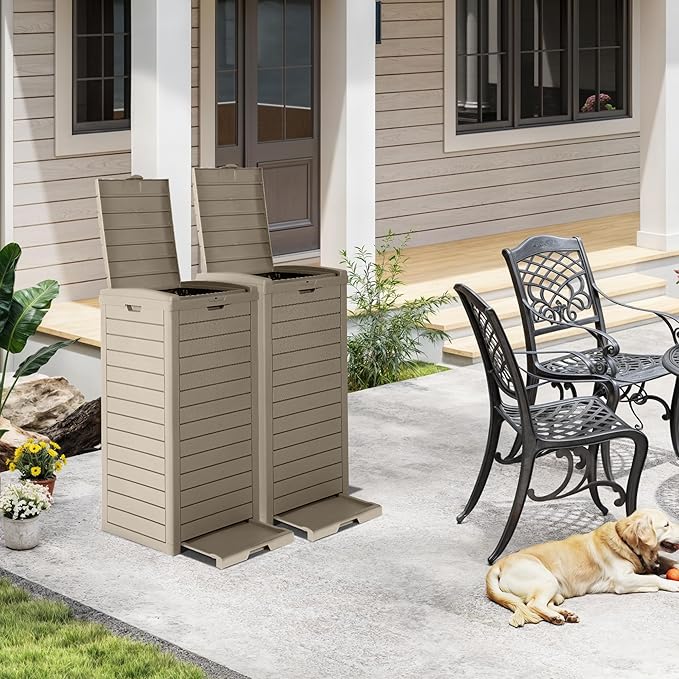DWVO 38 Gallon Large Outdoor Trash Can, Waterproof Resin Hideaway Garbage Bin with Lid and Drip Tray, Outside Trash Bin for Porch, Backyard, Deck, Patio, Poolside, Easy to Clean, Taupe