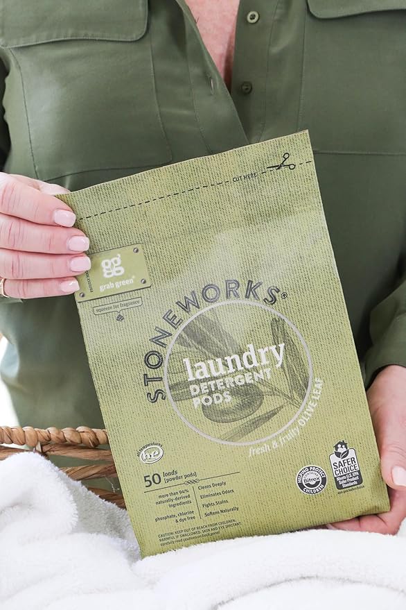 Grab Green Stoneworks Laundry Detergent Pods and Dryer Sheet Bundle, 50 Count Pods and 80 Dryer Sheets, Olive Leaf Scent, Plant and Mineral Based Laundry Care Set