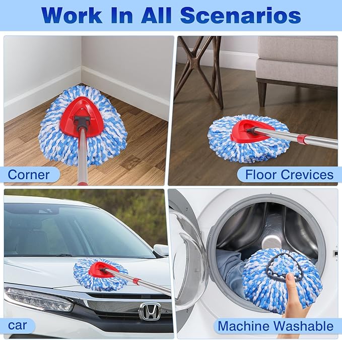 4 Pcs Spin Mop Heads Replacements & 4 Blue Mircofiber & 1 Brush & 2 Base &1 Handle Set for Ocedar Rinseclean 2-Tank System,Machine Washable Chenille Mop Replacement,Easy Cleaning for Bathroom,Kitchen