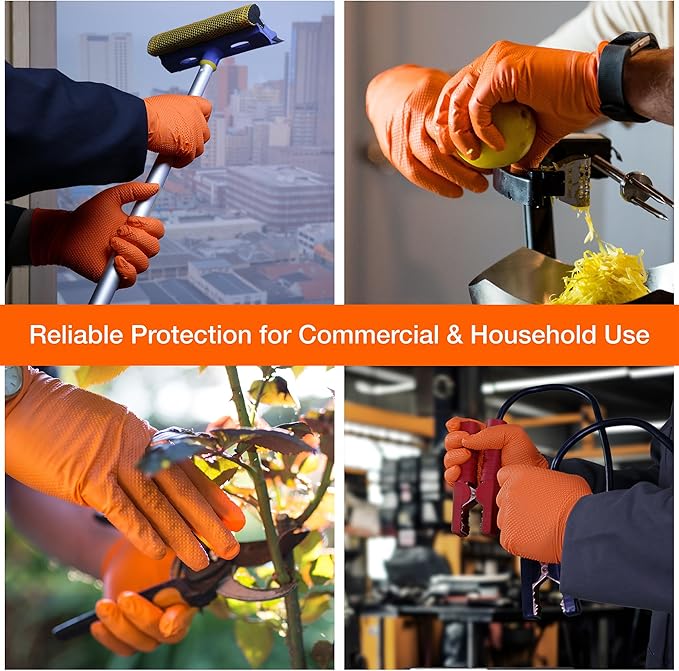 1st Choice 6 mil Orange and Green Nitrile Gloves, Disposable, Latex Free Raised Diamond Grip Mechanic Glove for Men and Women