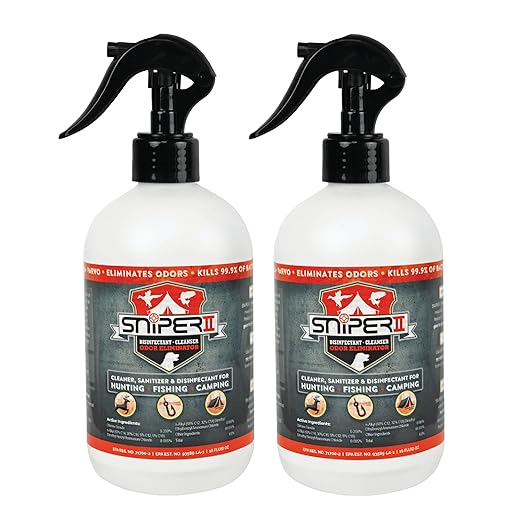 SNiPER II Disinfectant Cleanser and Odor Eliminator, Cleaner for Outdoor Disinfecting Purposes, Use for Hunting, Fishing, and Camping, Made in the USA, 16 Ounce Spray Bottle, 2-Pack