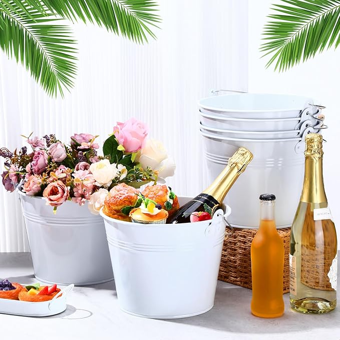 Zopeal 6 Pcs Large Metal Bucket Beer Bucket Galvanized Steel Pail with Handle for Gifts Basket Ice Candy Party(9 x 7 x 7 Inch,White)