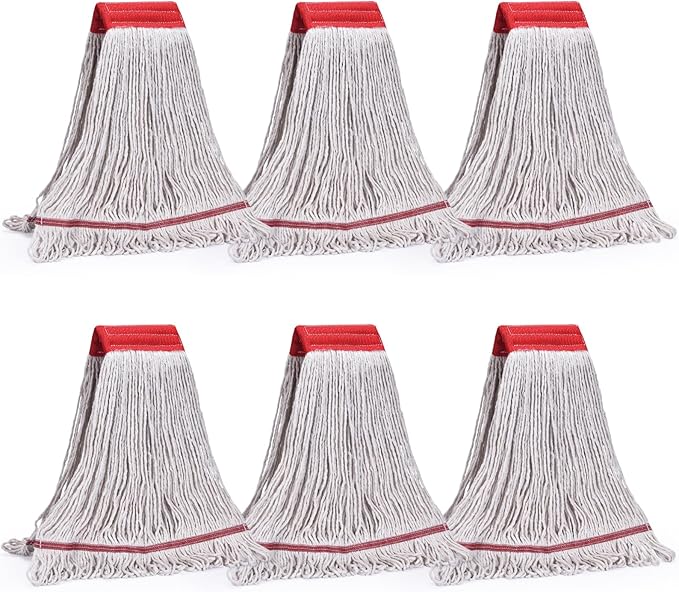 Matthew Cleaning Commercial Mop Head Replacement, 5 Inch Wide Headband, Looped End Cotton Blend String Wet Mops for Floor Cleaning, 18 oz Medium, 6-Pack White