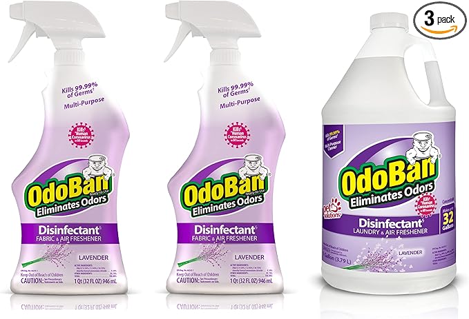 OdoBan Ready-to-Use Disinfectant and Odor Eliminator, Made in the USA, Lavender Scent, Set of 3, 2 Spray Bottles, 32 Ounces Each and 1 Gallon Concentrate