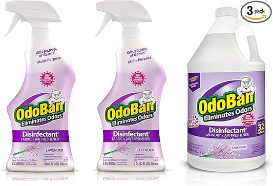 OdoBan Ready-to-Use Disinfectant and Odor Eliminator, Made in the USA, Lavender Scent, Set of 3, 2 Spray Bottles, 32 Ounces Each and 1 Gallon Concentrate