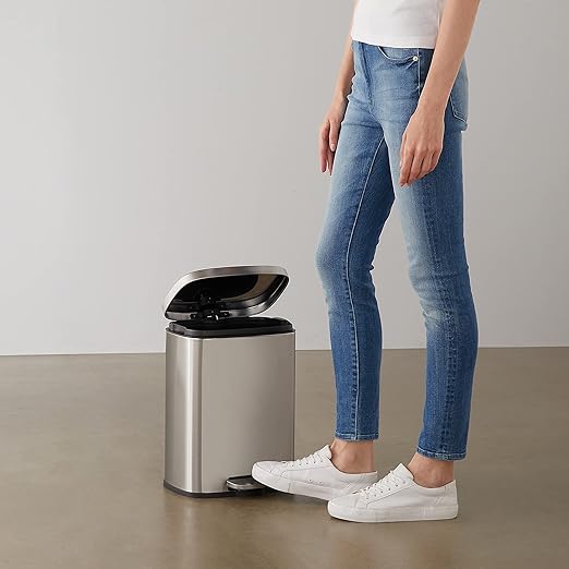 Amazon Basics Smudge Resistant Small Rectangular Trash Can With Soft-Close Foot Pedal, Brushed Stainless Steel, 12 Liter/3.1 Gallon, Satin Nickel Finish, 11.3"L x 9.9"W x 15.1"H