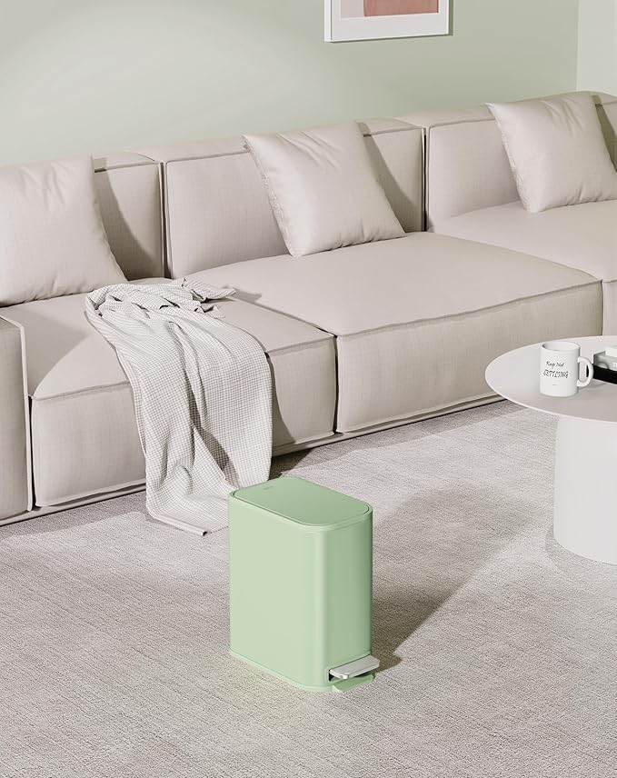 Cesun Small Bathroom Trash Can with Lid Soft Close, Step Pedal, 5 Liter / 1.3 Gallon Stainless Steel Garbage Can with Removable Inner Bucket, Waste Basket for Bathroom, Bedroom (Green)