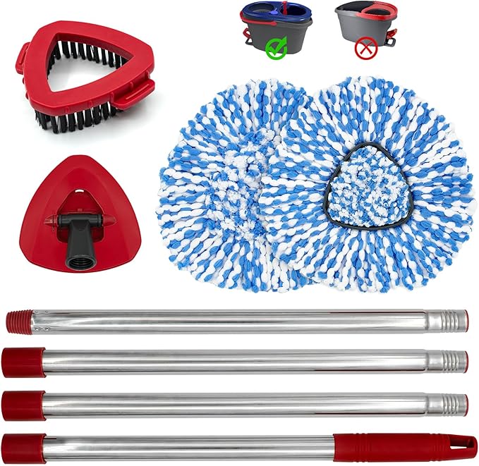 Spin Mop Handle,Mop Heads Replacements,Scrubber Mop Head and Mop Base Combo Set Compatible with Ocedar RinseClean 2-Tank Spin Mop,Mop Replace Head and Scrub Brush Set for Multi-Surface Hard Floor