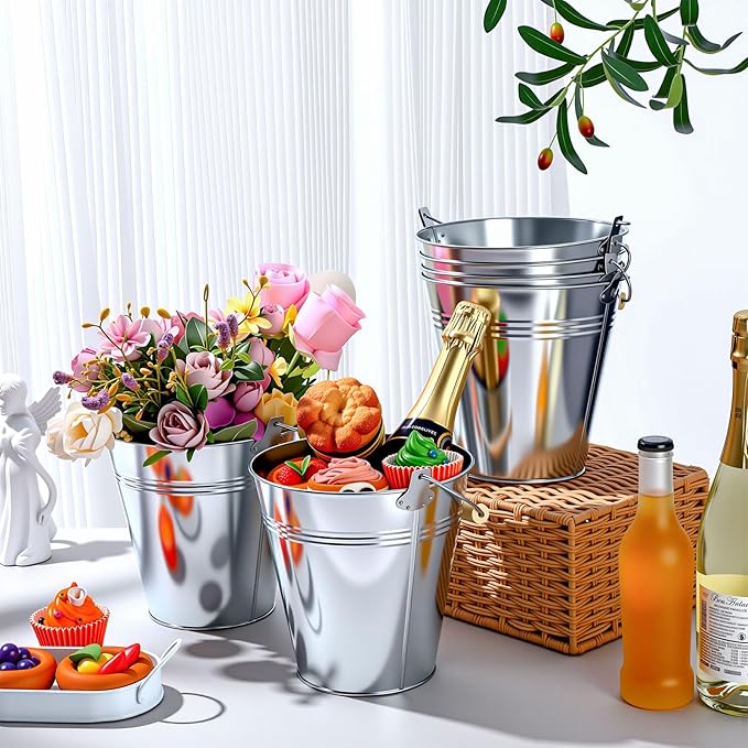 Zopeal 6 Pcs Large Metal Bucket Beer Bucket Galvanized Steel Pail with Handle for Gifts Basket Ice Candy Party(7.4 x 7.2 x 4.6 Inch,Silver)