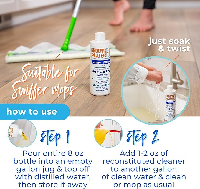 Premium Floor Cleaner, All Purpose Multi Surface Cleaner & Optically Enhanced Brightener, Neutral pH, 3X Strength, No Rinse - Lemon Citrus, 8 Oz for 1 Gal