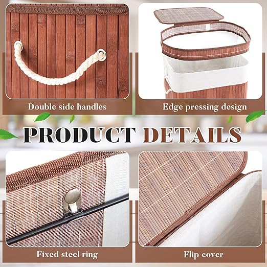 2 Pack Bamboo Slim Trash Can with Lid, 21 Gallon Large Rectangular Trash Bin, Foldable Slim Garbage Can Bamboo Waste Basket for Bathroom Bedroom Office Home Salon Spa (Brown)