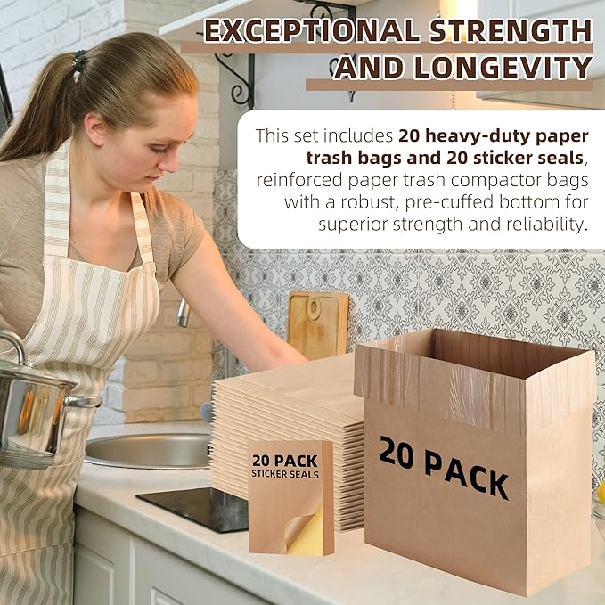 (20-Pack) Calvana Super Strong Compactor Bags, Heavy-Duty Kitchen Paper Trash Bags with Leak Proof Plastic Liner, Fits GE Model Compactors with Rectangular Containers, Includes 20 Sticker Seals