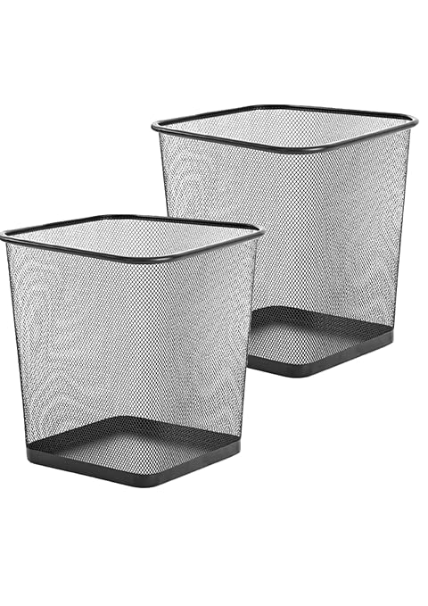 Zuvo Square Mesh Waste Wastebasket Pack of 2 | Lightweight Waste Metal Basket Garbage Can | Metal Trash Bin Ideal for Kitchen Home Office Dorm Living Desk Bedroom, (16 Quart)(Black)(10.1" X 10")