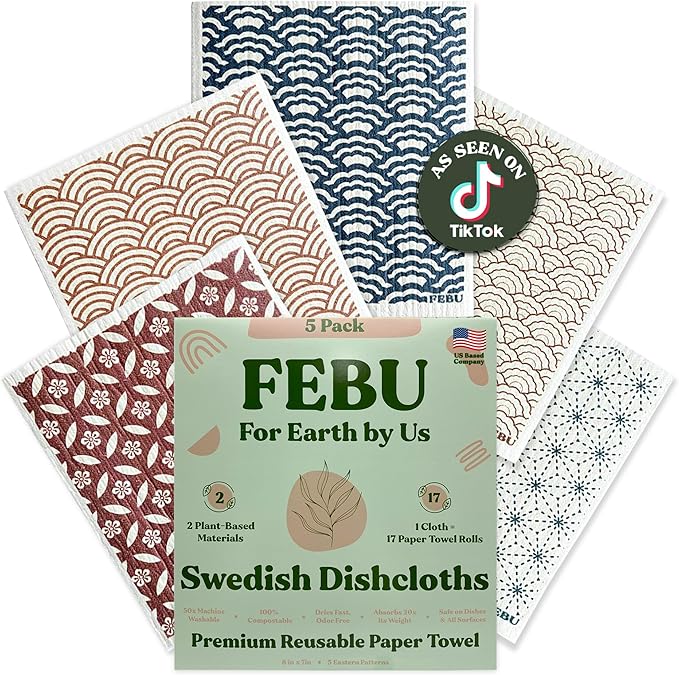 FEBU Swedish Dishcloths for Kitchen | 5 Pack Eastern Reusable Paper Towels Washable | Swedish Dish Towels | Non-Scratch Cellulose Sponge Cloths | No Odor, Biodegradable Cleaning Cloths