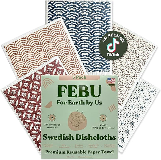 FEBU Swedish Dishcloths for Kitchen | 5 Pack Eastern Reusable Paper Towels Washable | Swedish Dish Towels | Non-Scratch Cellulose Sponge Cloths | No Odor, Biodegradable Cleaning Cloths