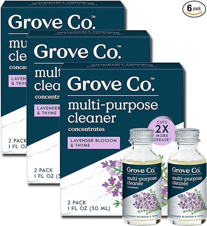Grove Co. Multi-Purpose Cleaner, Refill Concentrate (6 x 1 Fl Oz) Plant-based Household Cleaning Supplies, Ammonia & Chlorine Free, No Plastic Waste, Lavender Blossom & Thyme, Total 3 x 2 Pack Refills