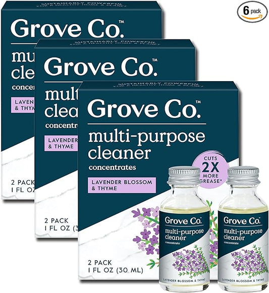 Grove Co. Multi-Purpose Cleaner, Refill Concentrate (6 x 1 Fl Oz) Plant-based Household Cleaning Supplies, Ammonia & Chlorine Free, No Plastic Waste, Lavender Blossom & Thyme, Total 3 x 2 Pack Refills