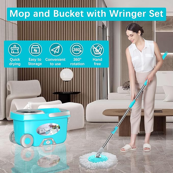 FunClean Spin Mop and Bucket,Mop and Bucket with Wringer Set for Home,360 Spinning Mopping Floor Cleaning Tool with 4 Microfiber Replacement Head Refills,61" Extended Handle, 2X Wheel - Blue