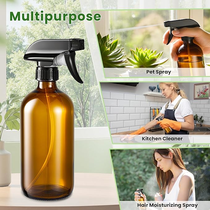 Supercenter Glass Spray Bottles, Amber Glass Spray Bottles, 16oz, Adjustable Nozzle for Stream and Spray, Reusable, for Essential Oils, Cleaning Products, Detergents(1ps)