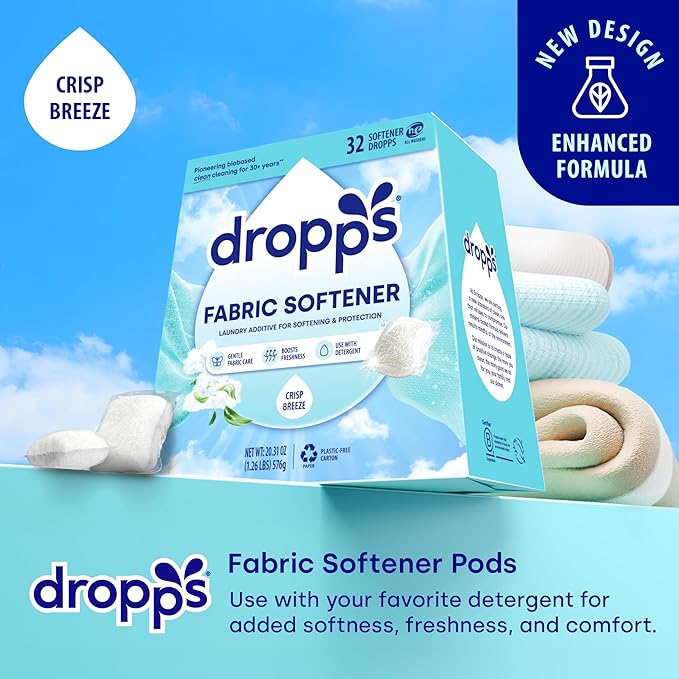 Dropps Laundry Fabric Softener Pods, Crisp Breeze (32 Pods) - Laundry Additive for Softening & Protection - HE Compatible Mineral Based Ingredients Laundry Supplies