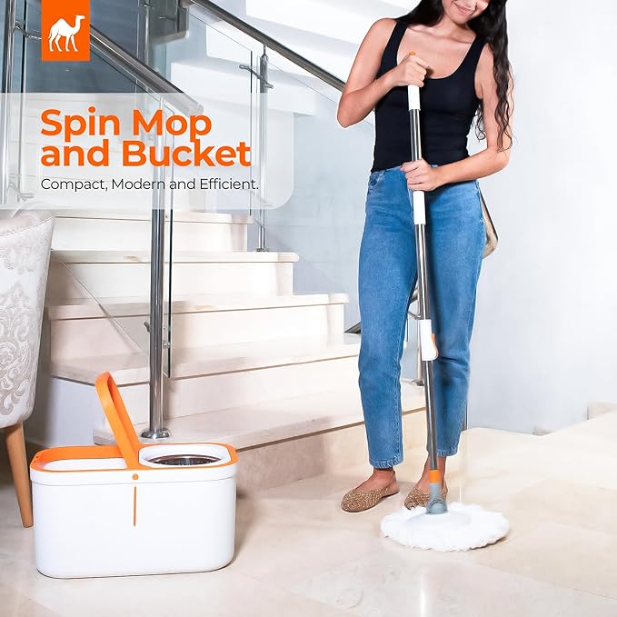 Spin Mop and Bucket Wringer 360 Microfiber Mop with Stainless Steel Handle Self Wringing Cleaning System Bucket with Drain for Tile Hardwood Laminate Floors Includes 2 Mop Head Refills Absorbent