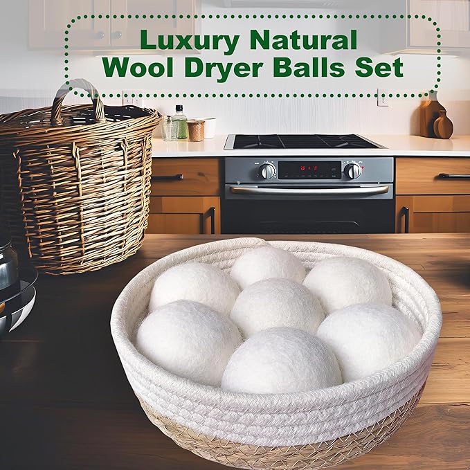 New Zealand Wool Dryer Balls | 7-Pack in Handmade Basket | Speed Up Drying & Reduce Wrinkles | Natural Reusable Fabric Softener