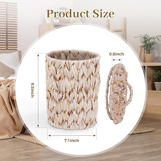 Boho Wicker Trash Can with Lid,Waterproof Bathroom Trash Can Hand Woven Wicker Waste Baskets for Kitchen Office Bedroom