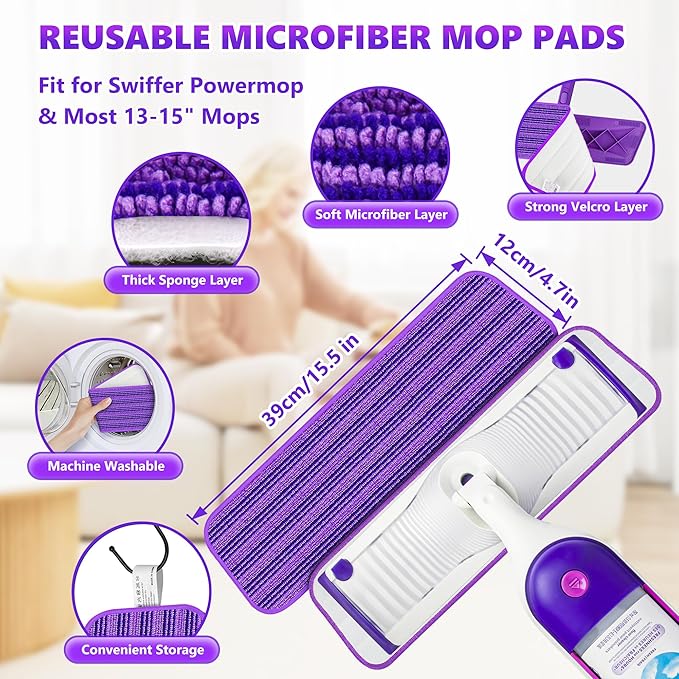 Microfiber Mops for Floor Cleaning - BPAWA Flat Floor Mop with 4 Reusable Washable Pads fit for Swiffer Powermop Kitchen Wet Dry Dust Mop for Hardwood Laminate Wood Tile Ceramic Vinyl Wall Floors
