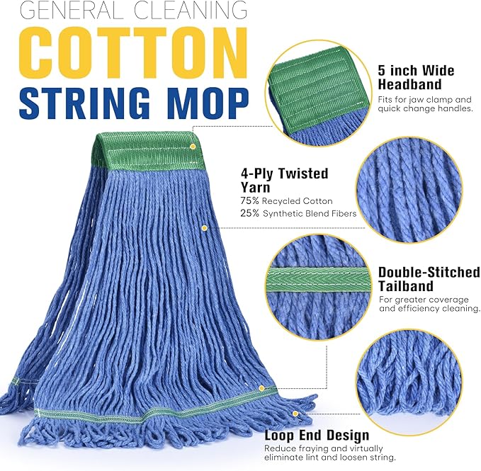 Matthew Cleaning Commercial Mop Head Replacement, 5 Inch Wide Headband, Looped End Cotton Blend String Wet Mops for Floor Cleaning, 28 oz Extra Large, 1-Pack Blue