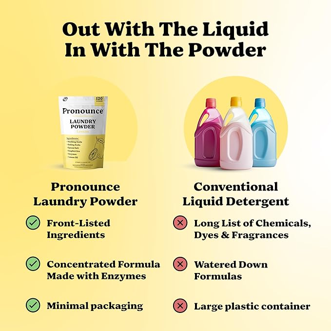 Pronounce Laundry Detergent Powder Alternative | Earth-Derived Ingredients, Eco-Friendly, Safer for Sensitive Skin, Eczema, and Babies. Stain + Smell Fighting. HE Safe (Lemon, 120 Loads).
