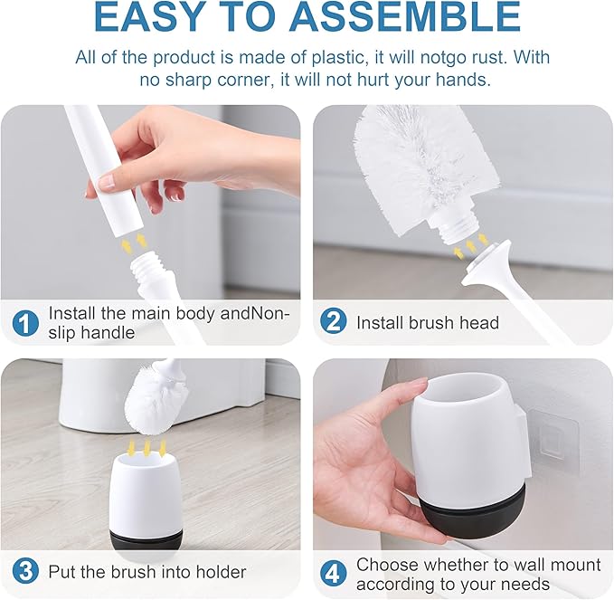 Toilet Brush, Toilet Bowl Brush and Holder Set for Bathroom, Toilet Cleaning Scrubber Brush for Bathroom for Deep Cleaning with Stiff Plastic Bristle, Ventilated Holder, Wall Mount Hook (White Head)