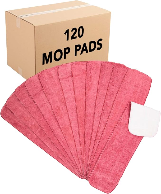 Arkwright Spray Mop Replacement Pads - (Case of 120) Bulk Microfiber Flat Dry and Wet Refill Mop Pads Floor Cleaning, Compatible with Bona and Rubbermaid, Fits All Mop Heads, 24 in, Red