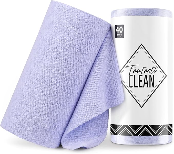 Fantasticlean Microfiber Cleaning Cloth Roll -40 Pack, Tear Away Microfiber Towels, 12" x 12", Reusable, Washable, Scratch Free, Ultra Absorbent for Car, Home Supplies, Pet, Kitchen (Lavender)