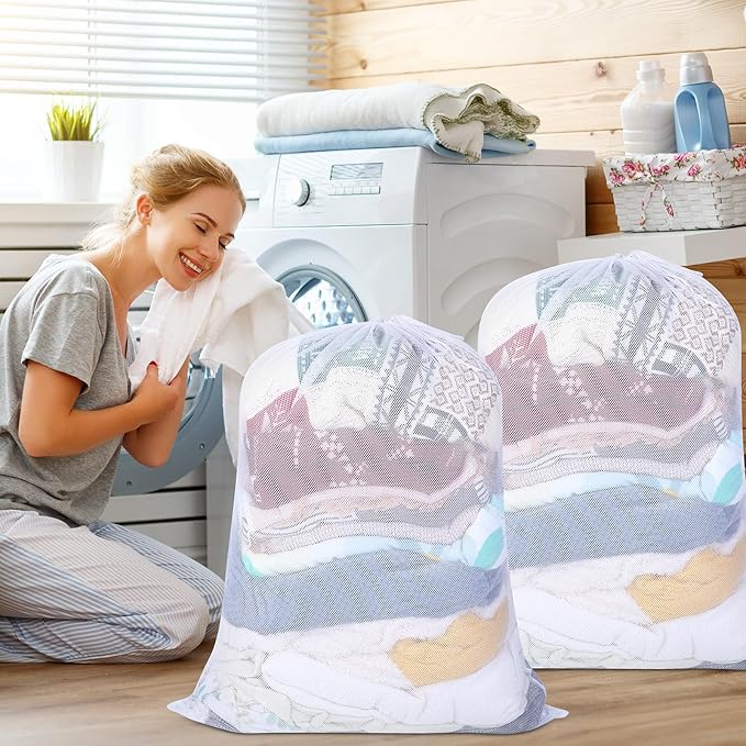 Windyun Mesh Laundry Bag, 9 Pcs 30" x 40" Heavy Duty Large Mesh Laundry Bags Drawstring Lockable Laundry Hamper Liner Machine Washable Bag for Travel Dorm Home College Storage Apartment(White)