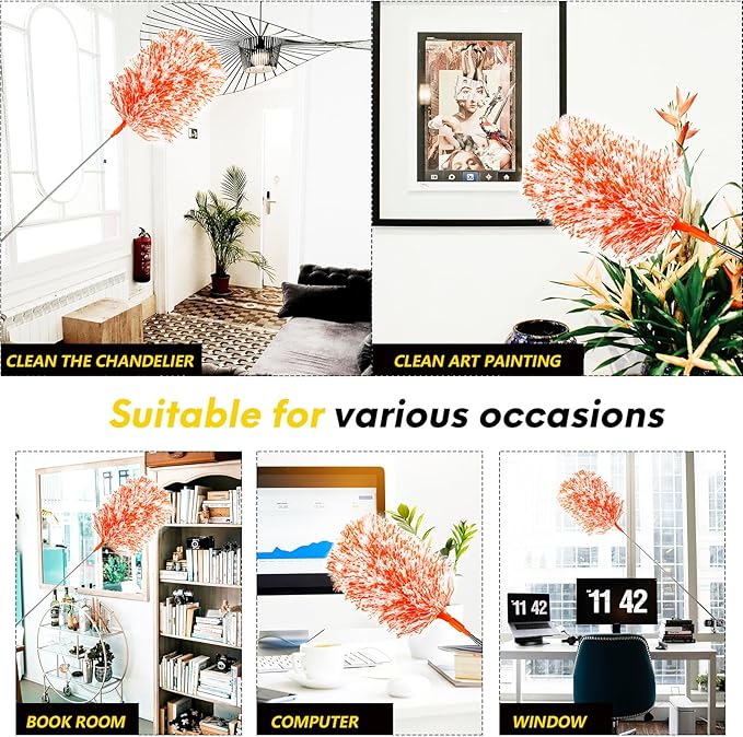 Extendable 20-49inches Microfiber Feather Duster with 3pcs Replaceable Bendable Heads, Extra Long Duster for Cleaning, Electrostatic Dust Remove for Ceiling, Fan, Window, Bookshelves(Orange)