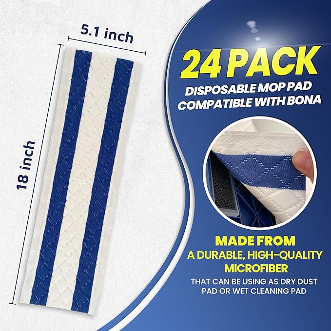 18 Inch Microfiber Disposable Mop Pad 24 Pack for All 16-18'' Hook & Loop System Mop, Wet Dry Cleaning Pad Compatible with Bona,Rubbermaid,Turbo,Norwex (18 in, 24 Pack)
