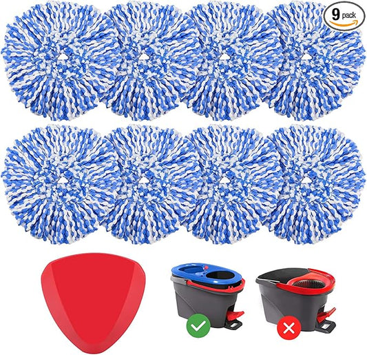 8 Pack RinseClean Spin Mop Replacement Head Refills with 1 Rotating Mop Base Compatible with O Ceda RinseClean 2 Tank System, Blue Microfiber Mop Refills for Floor Cleaning