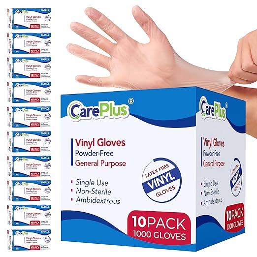 CARE PLUS Vinyl Gloves Clear Small Size 1000 Count | Heavy Duty, Non-Sterile, Powder-Free, Latex-Free Rubber | Food Prep, Kitchen & Cleaning Gloves, Ideal for Professional Use