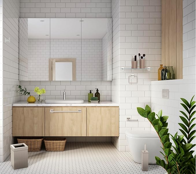 Gatco Modern Square Waste Basket and Toilet Brush Set, Satin Nickel - Stainless Steel Trash Can with Removable Lid, Leakproof, 3 Gallon Capacity for Bathroom, Bedroom, Kitchen, or Office