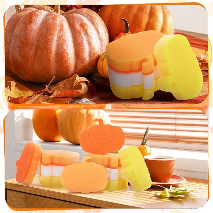 Tioncy 12 Pack Thanksgiving Pumpkin Kitchen Sponges Bulk Fall Dual Sided Scrubber Sponges Dishwashing Non Scratch for Kitchen Accessories Dish Scouring Orange, Yellow, Beige