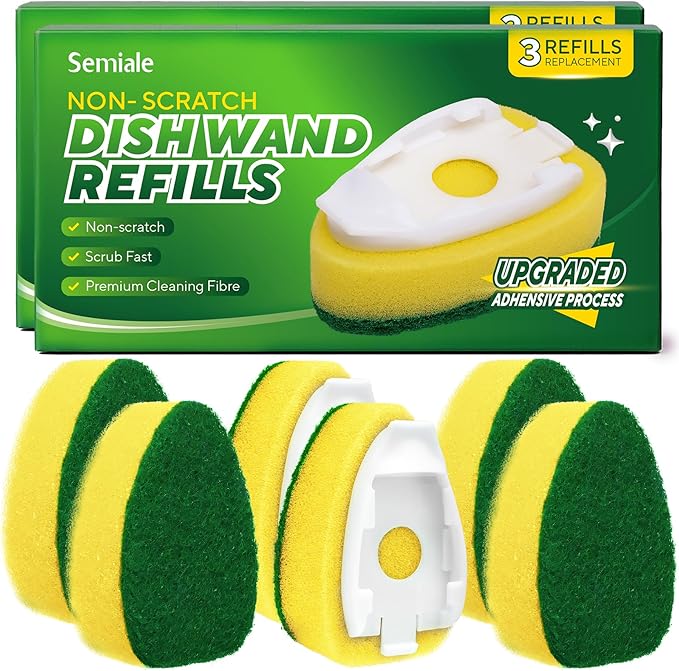 Non Scratch Dishwand Refills Sponge Heads, Heavy Duty Scrub Brush Sponges, Soap Dispensing Scrubbers, Common Compatible Dish Wand Refill Head Replacements for Kitchen Sink Dishwashing Cleaning