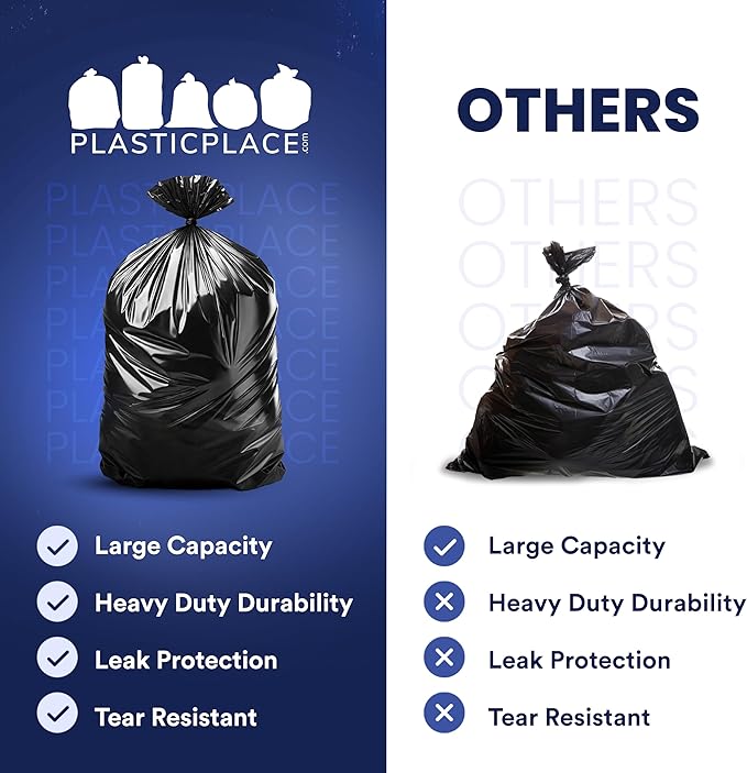 Plasticplace 55-60 Gallon Trash Bags │ 1.0 Mil │ Black Heavy Duty Garbage Can Liners │ 38” x 58” (100 Count)