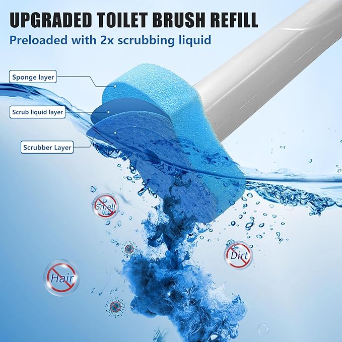 144 Count Toilet Brush Refills for Most Wands, Toliet Wand Refills-Blue Disposable Sponge Refill Heads Prefilled Cleaning Fluid for Bathroom Toilet Cleaning.