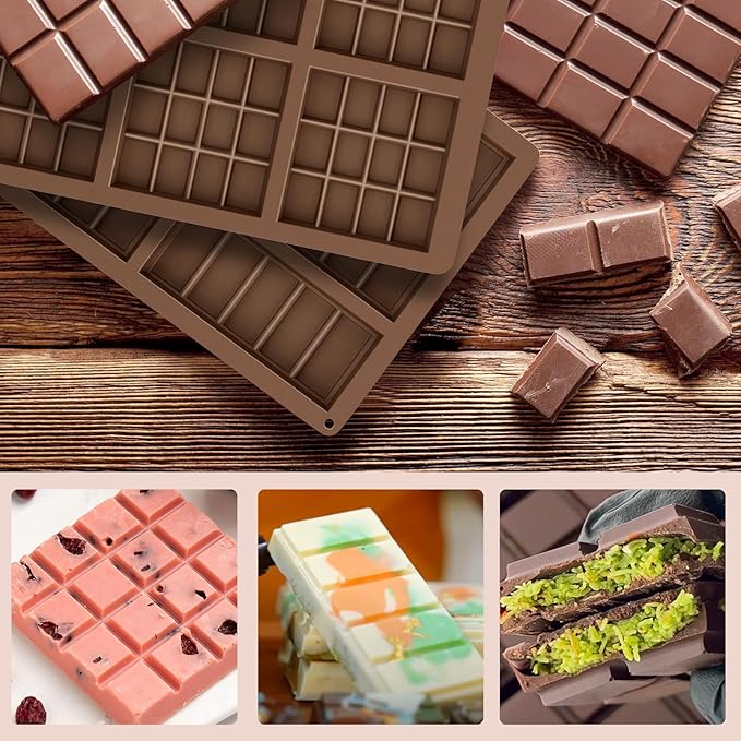 3Pcs Chocolate Bar Molds Deep, Dubai Chocoate Molds Silicone for Stuffed Bar, Rectangle Knafeh Pistachio Thick Chocolate Bar Break Apart Candy Bar Mold