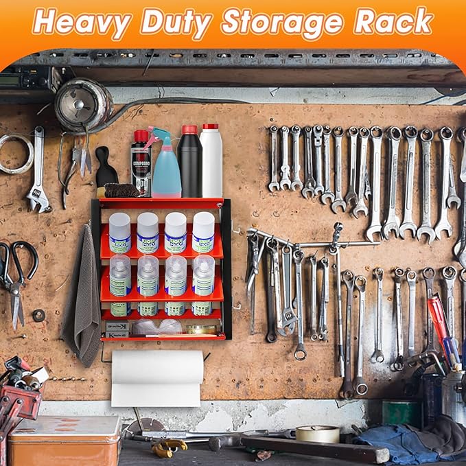 Ultrawall Spray Can Holder Rack With Paper Towel Holder, Steel Wall Mounted Spray Bottle Holder, Garage Wall Mount Shelf, Utility Storage Rack, Tool Storage Rack, Holds 100 lbs