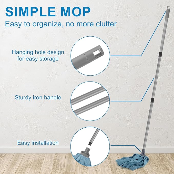 KeFanta Mops for Floor Cleaning,One Mop Handle with 2 Blue Microfiber Cloth Mops Head Replacement,String Wet Mop Refills Compatible with 0.8" Diameter Stick(1 Pole & 2 Heads)