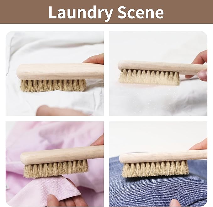 Wood Laundry Stain Brush with Boar Bristle, Tough Stain Remover for Delicate Fabric, Cotton, Linens, and Shoes, Laundry Scrub Brush for Fresh and Clean Fabric
