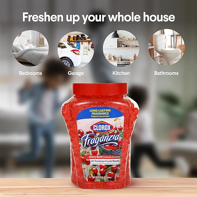 Clorox Fraganzia Crystal Beads Air Freshener in Cherry Burst Scent - Long-Lasting Room Deodorizer - Odor Eliminator Gel Beads to Freshen Home, Car, or Office, 12 Fl Oz